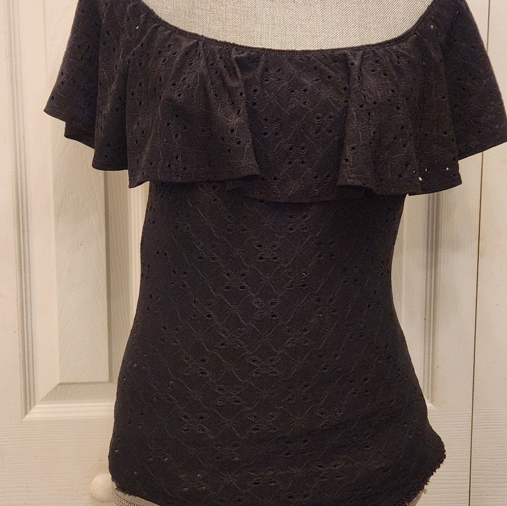 Love J Black Off-Shoulder Eyelet Bodysuit Top